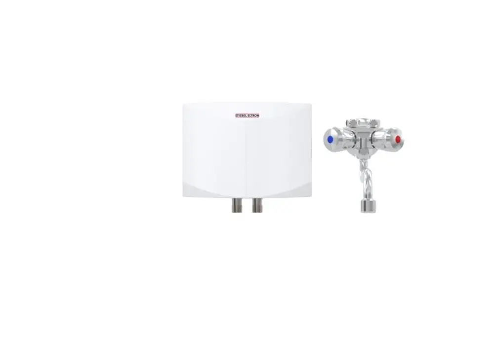 Ein Mini-Durchlauferhitzer DNM 3 von STIEBEL ELTRON in Weiß, mit 3,5 kW Leistung bei 230 V, neben einem Wasserhahn mit blauem und rotem Knopf.